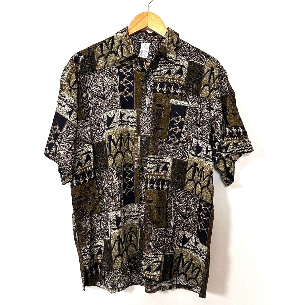 VTG 90s Running Man Tribal Print Rayon Button Up Shirt L Jamaica Resort Earthy